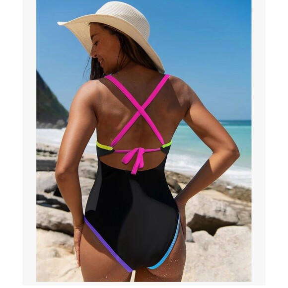 popvil Women's One Piece 2025 Tummy Control Swimsuits Neon Color Block Swimwear - Picture 5 of 14